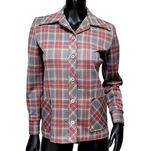 Vintage JCPenney Fashions 70s Red Grey Plaid Double Knit Button Up Shirt Pockets